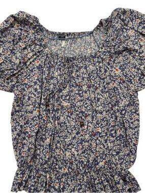 Guess Floral Peasant Top Blue White Puff Sleeve Smocked Blouse XS W02203P0JH0